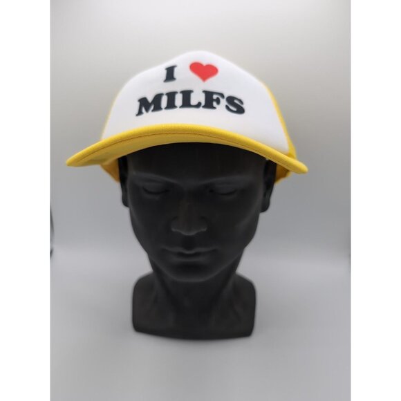 Yellow White I Love MILFS Funny Truck Hat - Picture 6 of 6